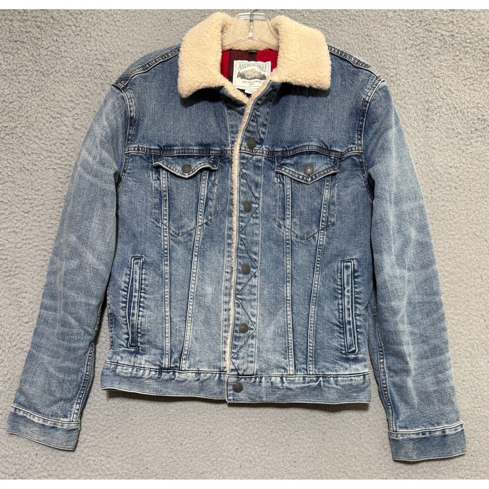 American Eagle Sherpa Fleece Red Plaid Lined - Denim Jacket - Size Small